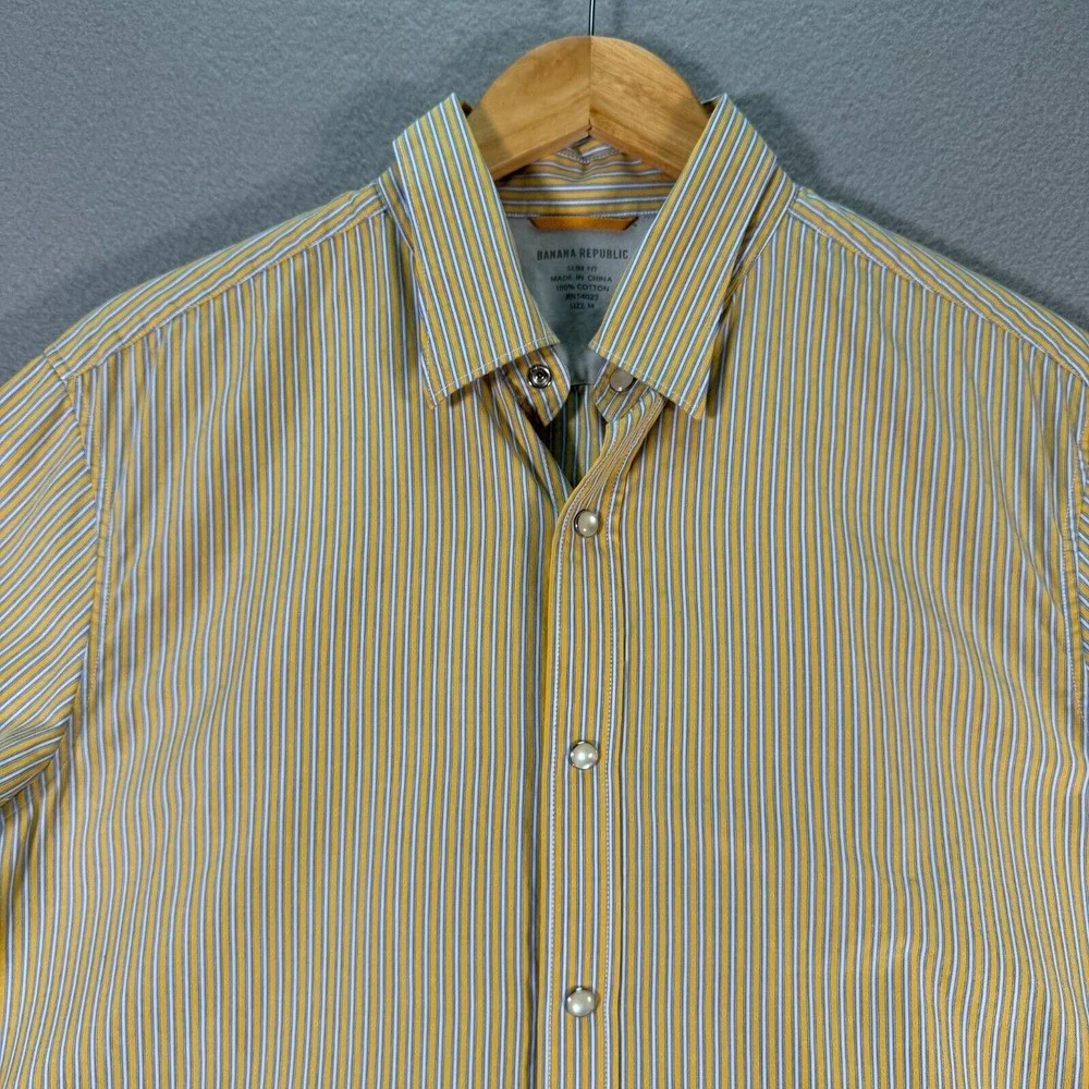 Banana Republic Pearl‎ Snap Shirt Mens Medium Slim Fit Yellow Stripes Comfort